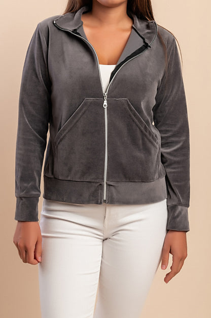 Felpa con zip in cotone e velluto sintetico, grigio