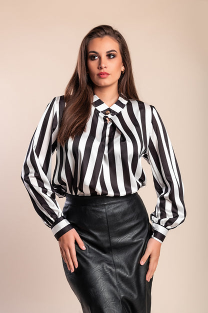 Elegante camicetta con stampa a righe, beige/nero