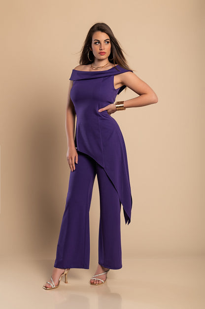 Elegante set composto da top e pantaloni asimmetrici, viola