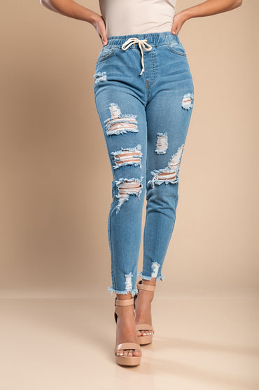 Jeans attillati a vita alta e spacchi Stefana, celeste