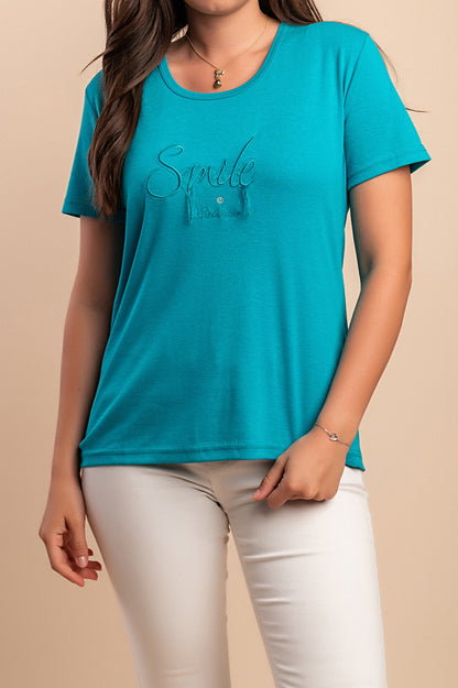 T-shirt in cotone con scollo rotondo, turchese