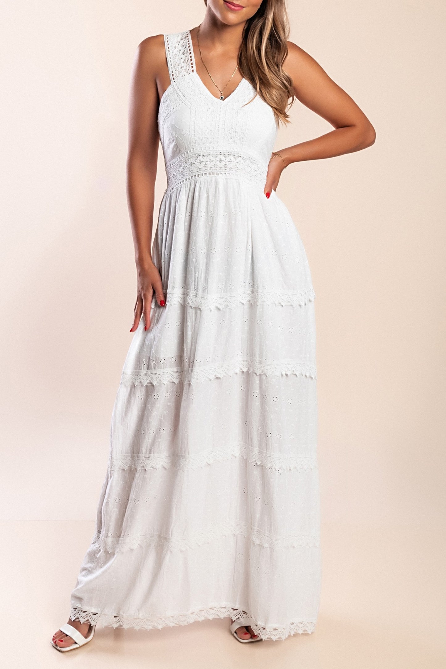 Abito lungo in cotone con pizzo, bianco