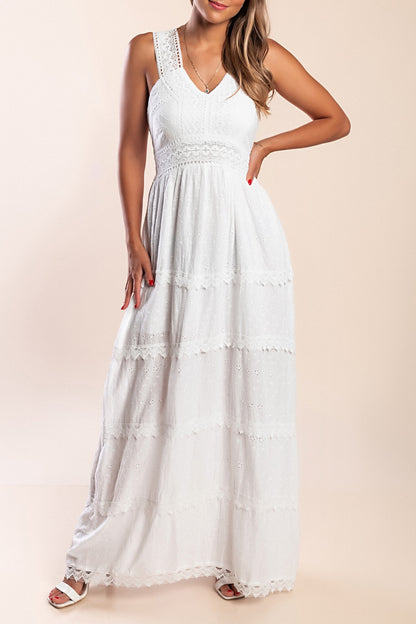 Abito lungo in cotone con pizzo, bianco