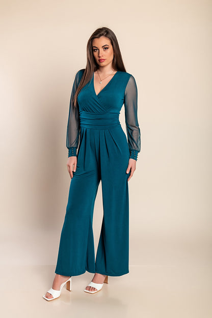 JUMPSUIT ELEGANTE CON SCOLLO A "V" E MANICHE TRASPARENTI CON RIVETTI GEORGINA, NERO