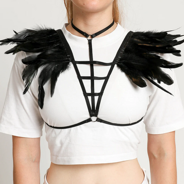 Cintura a bretella - Reggiseno realizzato con spalline elastiche con piume, ART2294, nero