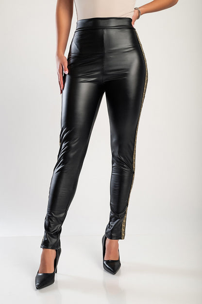 Eleganti leggings in ecopelle con pizzo Margaretta, nero