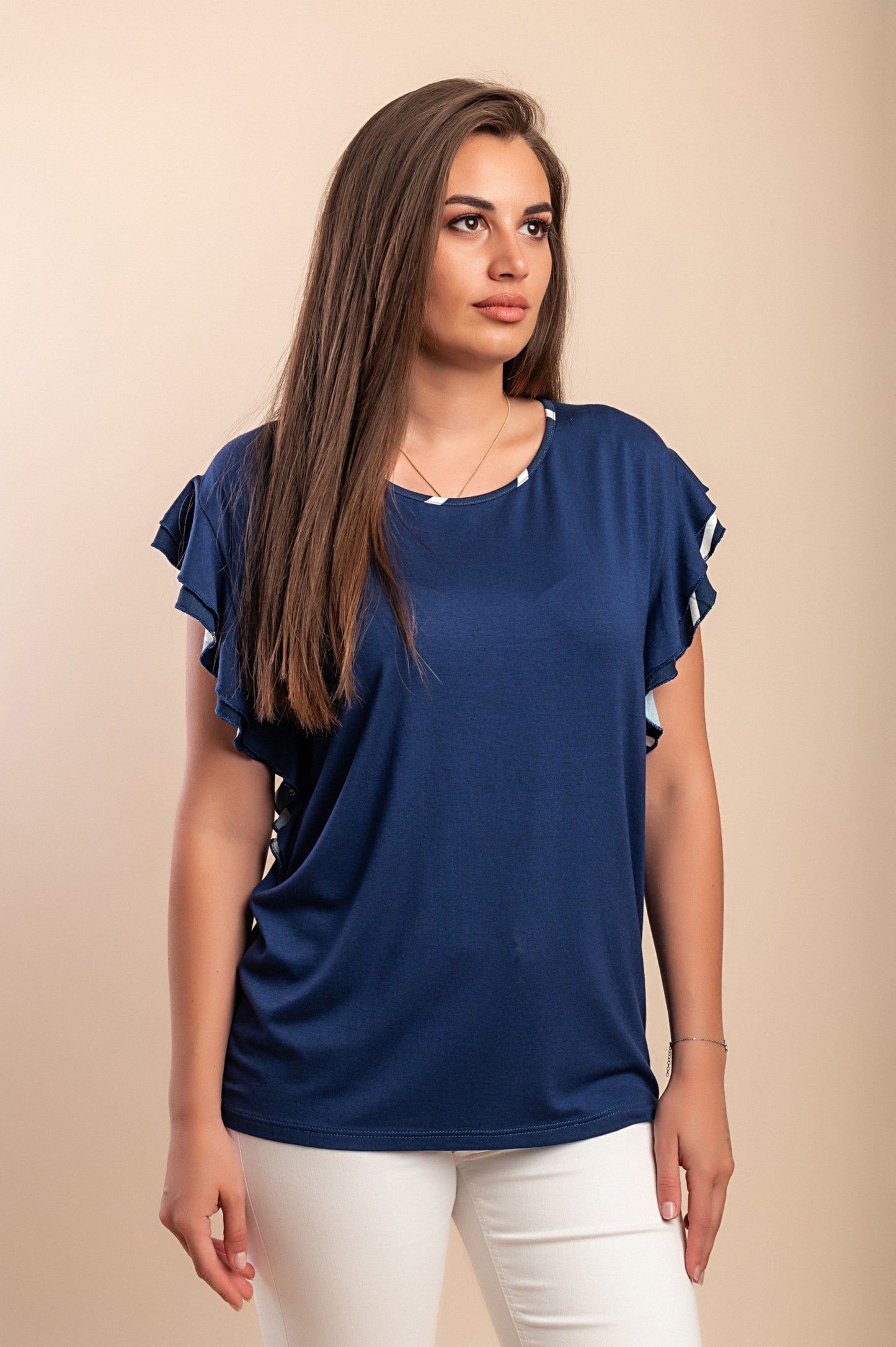 T-shirt in viscosa con stampa a righe, blu scuro