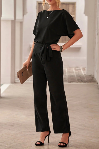 Tuta fashion con pantaloni lunghi ampi e maniche corte  Nelia, albicocca