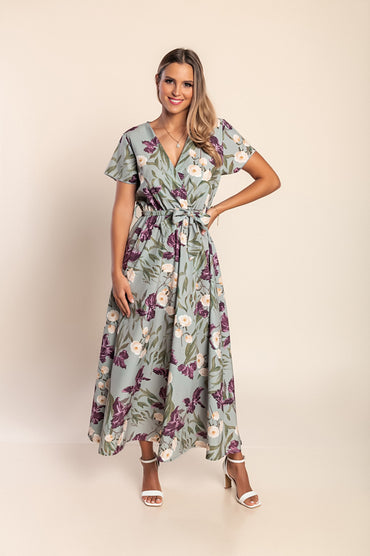 Abito lungo con stampa floreale, verde oliva chiaro