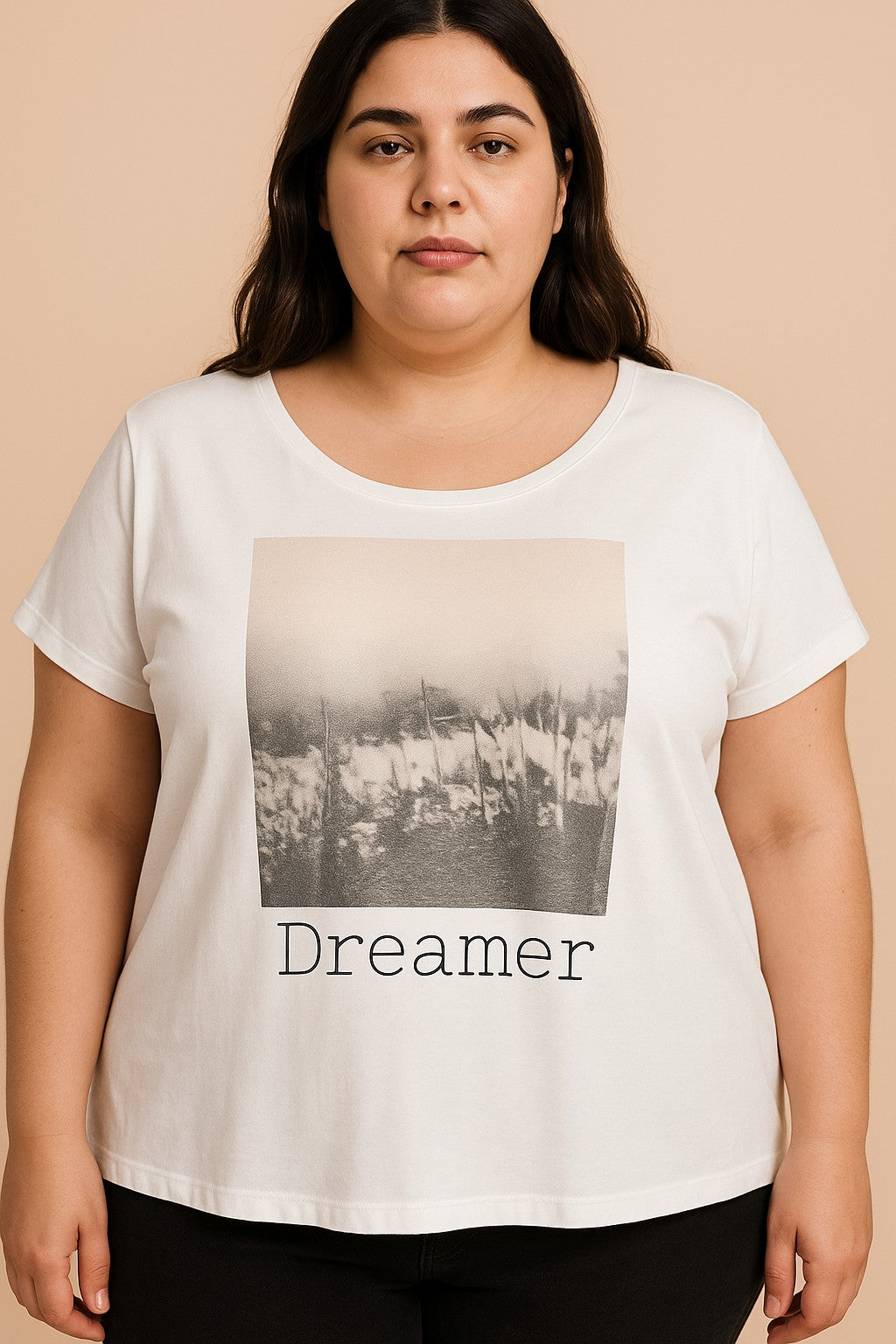 T-shirt stampata taglie forti, bianca