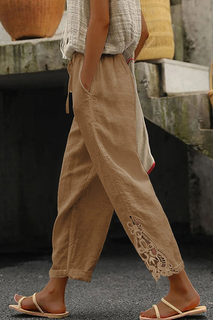 Pantalone elegante in cotone con pizzo, beige