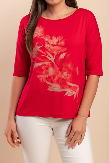 Top stampato con maniche a 3/4, rosso