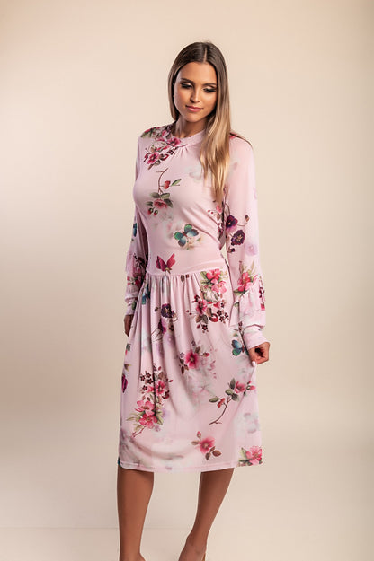 Abito midi con stampa floreale, rosa