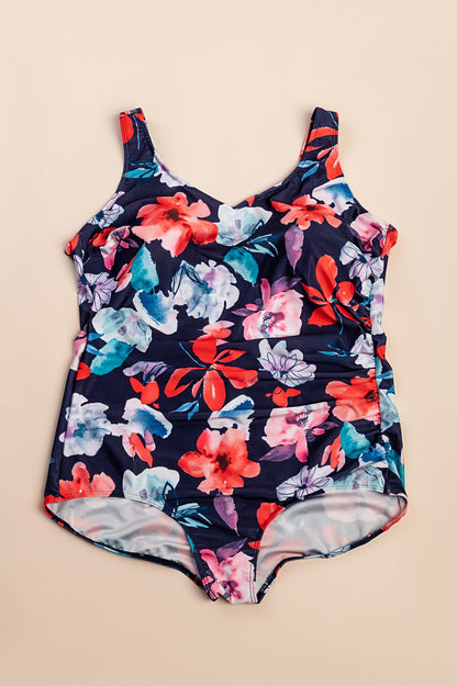 Costume da bagno taglie forti con stampa floreale, blu scuro