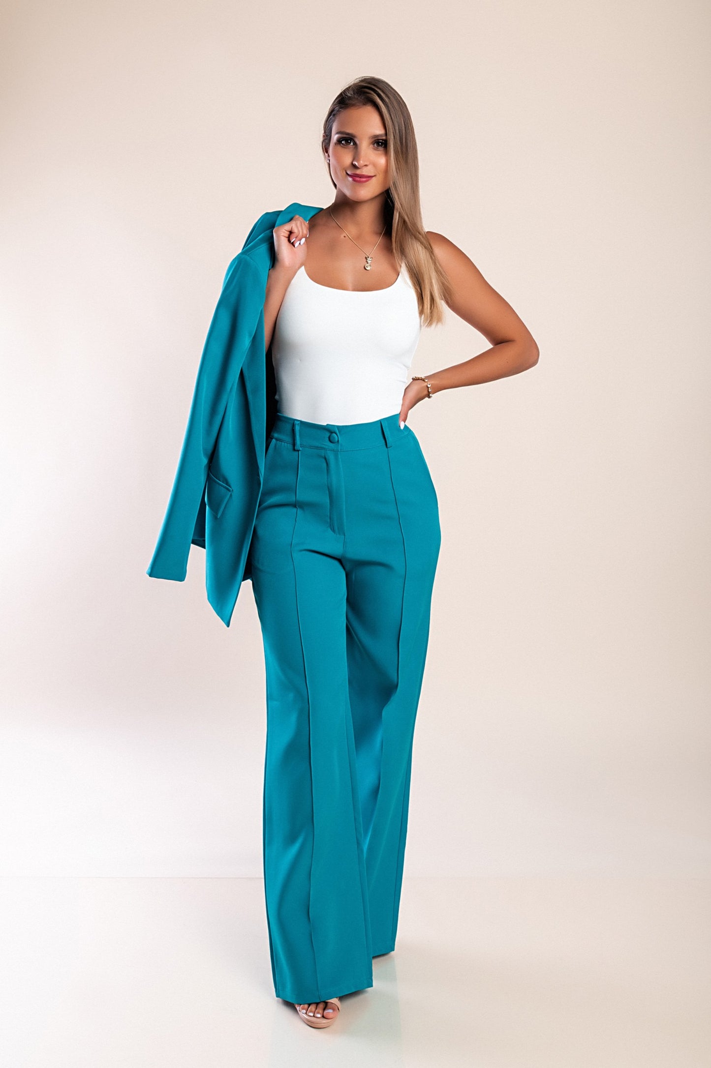 Tailleur pantalone elegante monocolore, petrolio