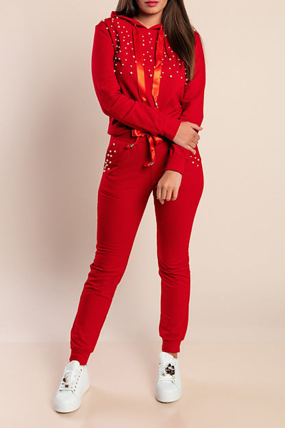 COMPLETO MAGLIETTA CON CAPPUCCIO E PANTALONE CON DETTAGLIATI DI PERLINE TINSELY, ROSA