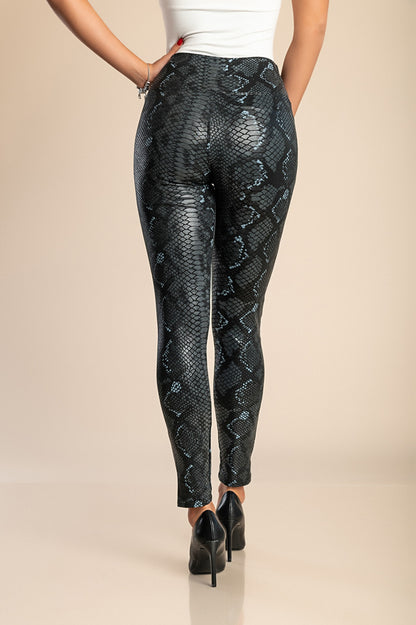 Leggings alla moda con stampa pelle di serpente, neri
