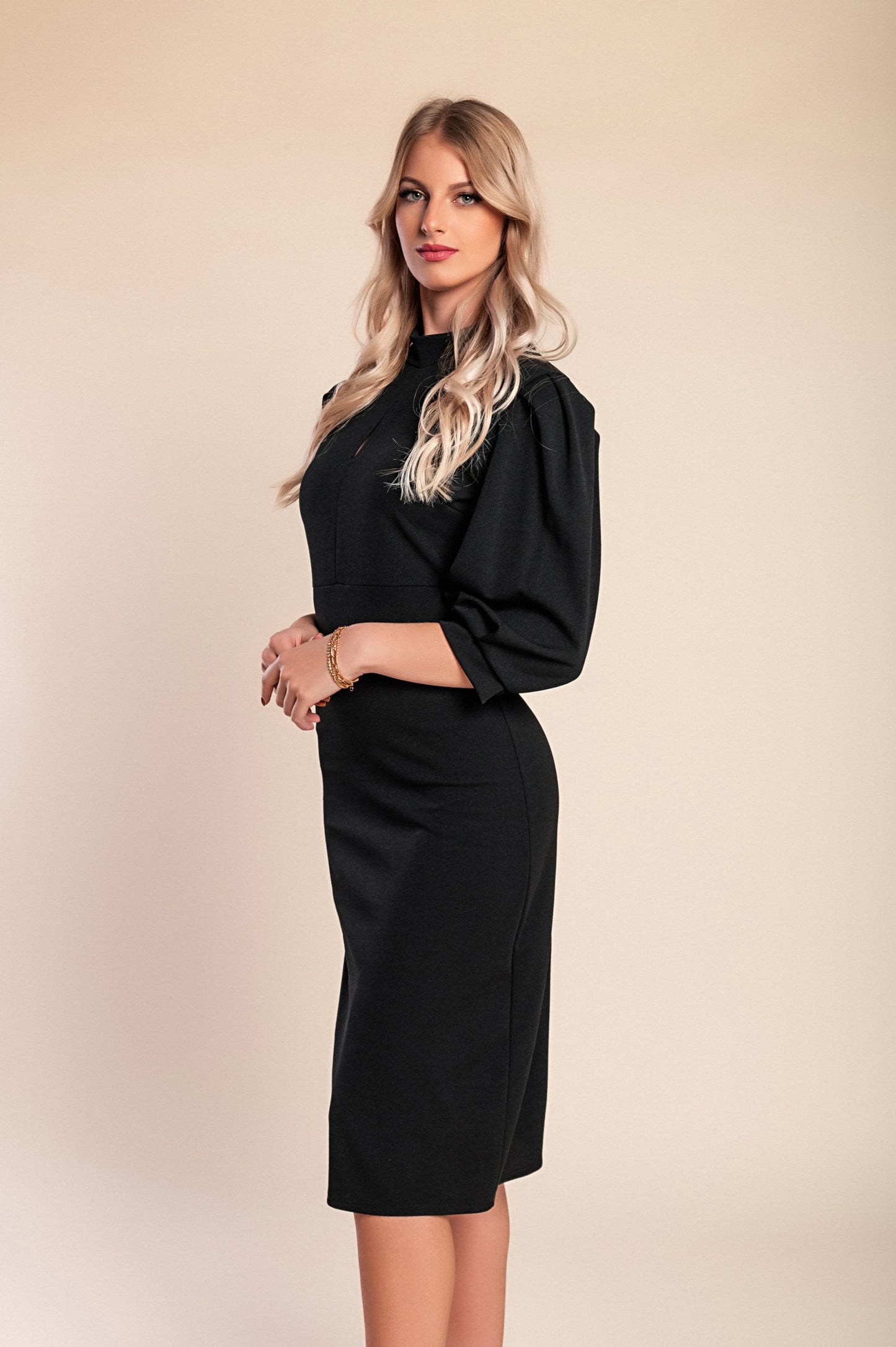 Abito midi con maniche a 3/4, beige