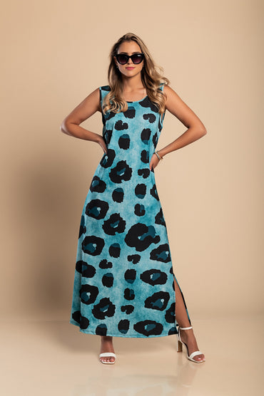 Abito lungo con stampa leopardata, blu