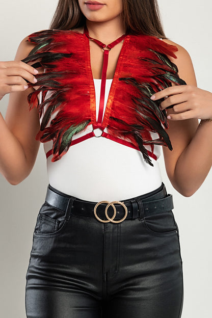 Cintura a bretella - Reggiseno con spalline elastiche e piume, ART2290, rosso