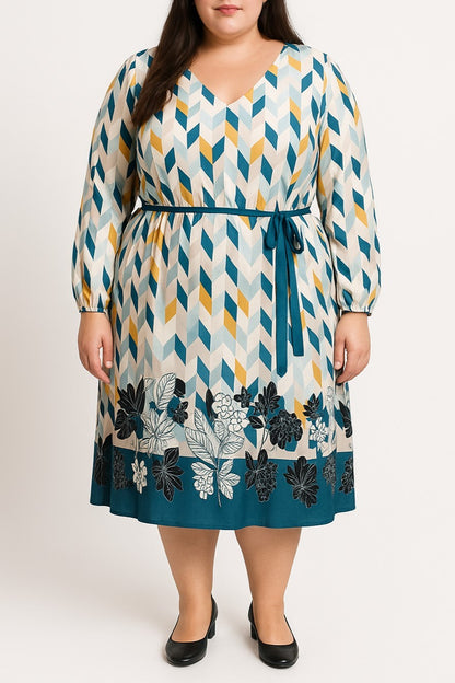 Abito midi taglie forti con stampa, azzurro