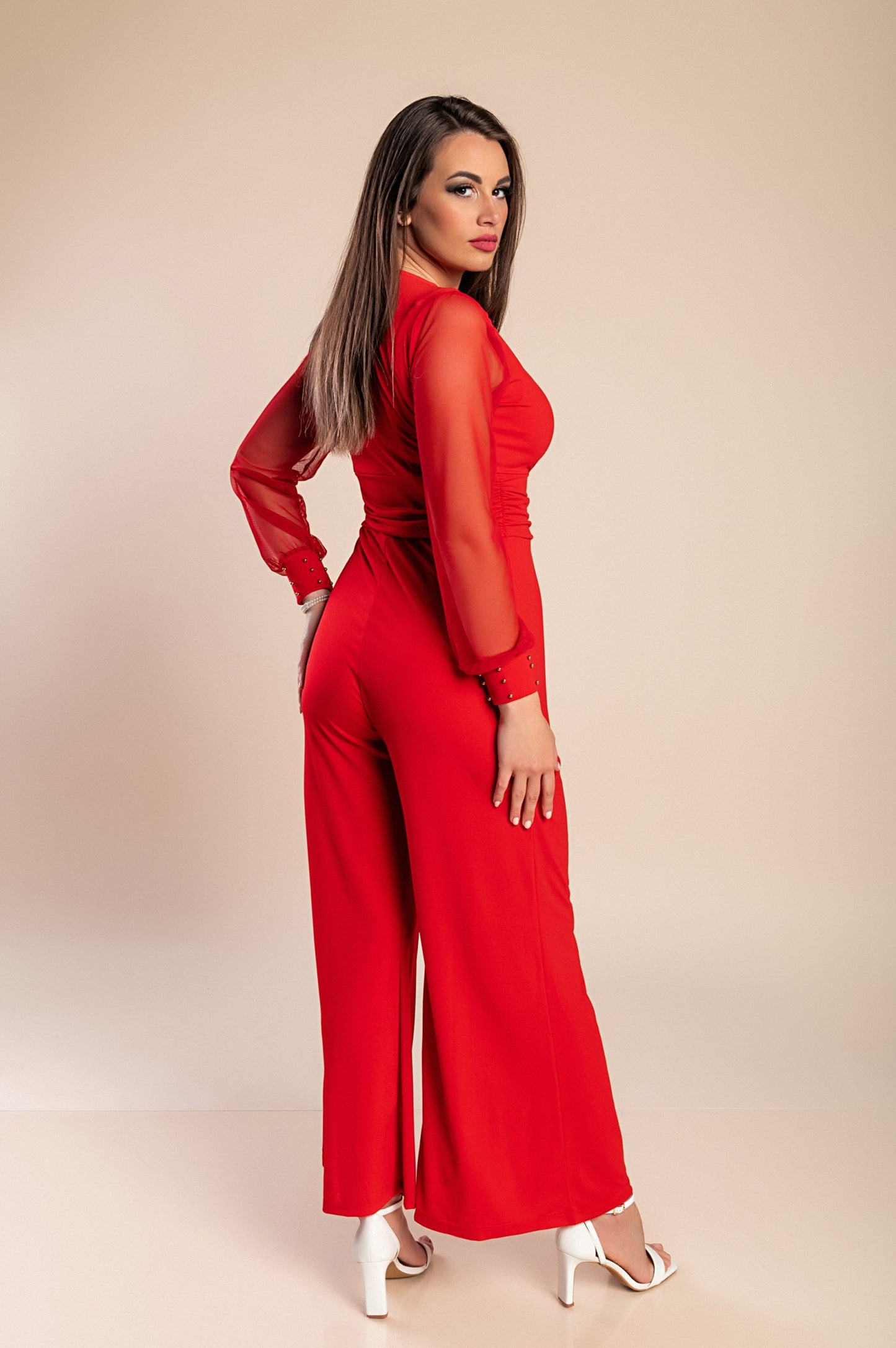 JUMPSUIT ELEGANTE CON SCOLLO A "V" E MANICHE TRASPARENTI CON RIVETTI GEORGINA, NERO