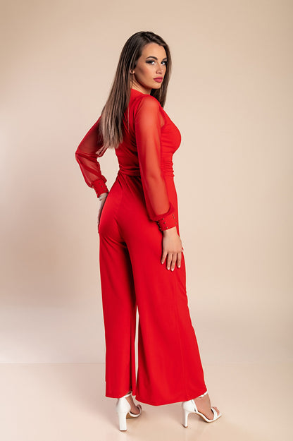 JUMPSUIT ELEGANTE CON SCOLLO A "V" E MANICHE TRASPARENTI CON RIVETTI GEORGINA, NERO