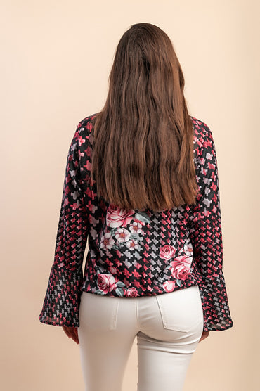 Blusa taglia forte con stampa, nera