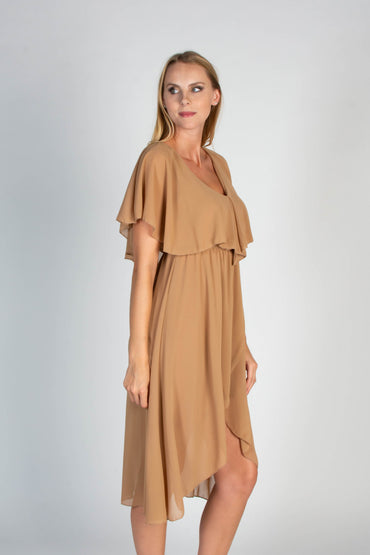 Elegante abito midi con volant e gonna pieghevole Barbados, beige