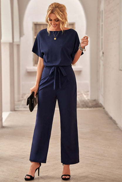 Tuta fashion con pantaloni lunghi ampi e maniche corte  Nelia, albicocca