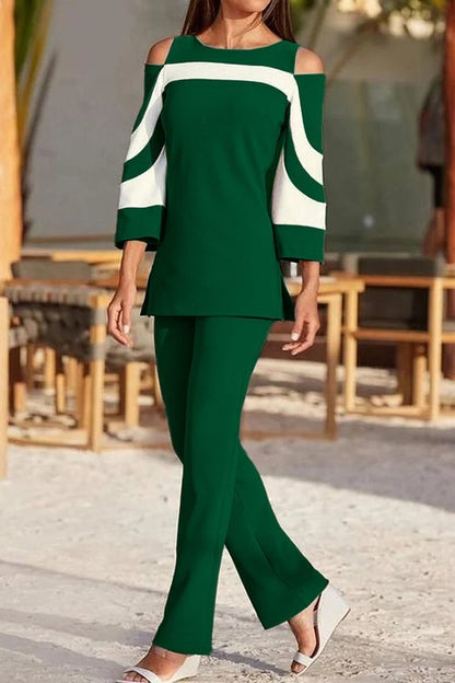 Competo elegante top con maniche a campana e pantaloni, nero