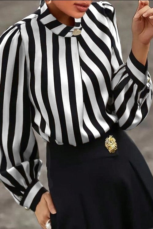 Elegante camicetta con stampa a righe, beige/nero