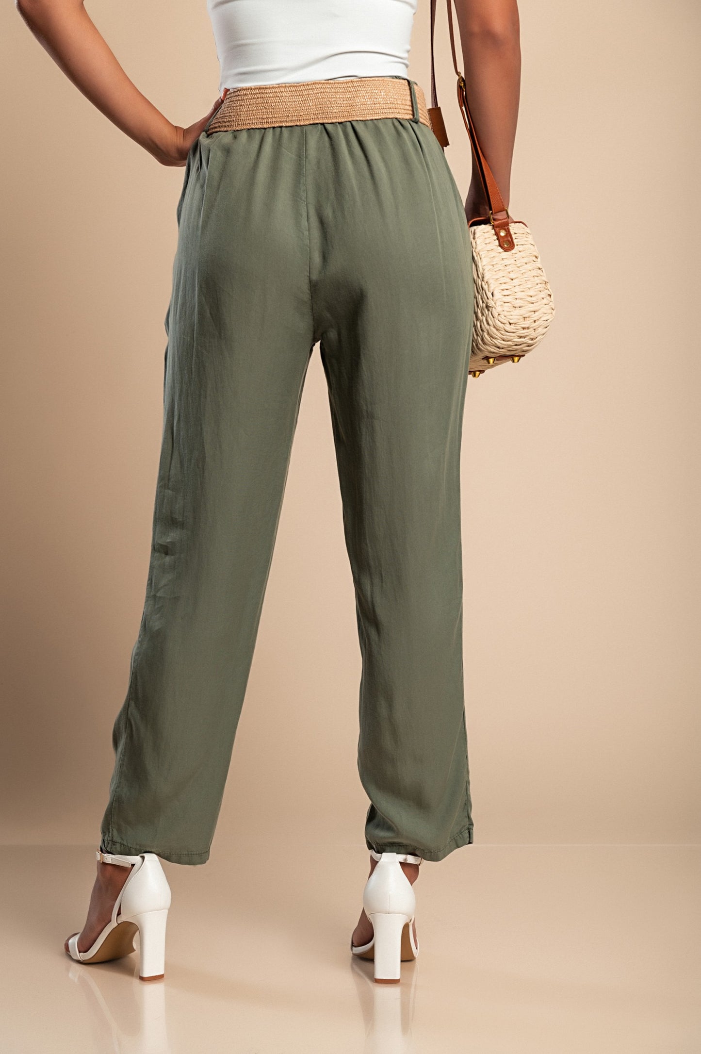 Pantalone lungo con cintura decorativa, verde oliva