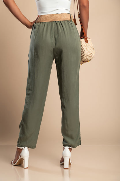 Pantalone lungo con cintura decorativa, verde oliva