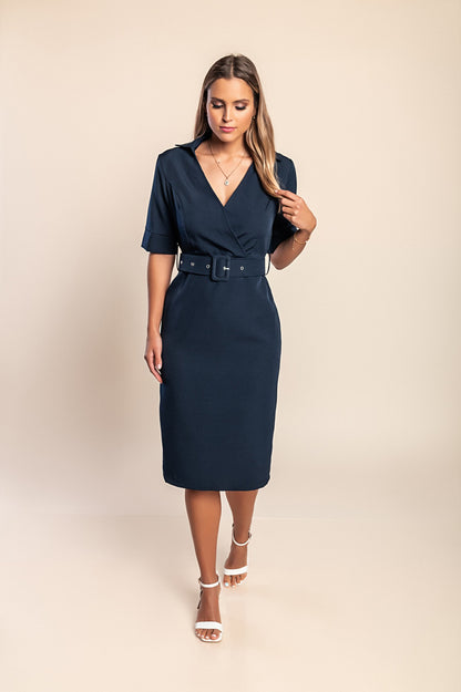Abito midi con cintura, blu scuro