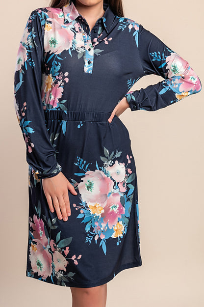 Abito taglie forti con stampa floreale, blu scuro