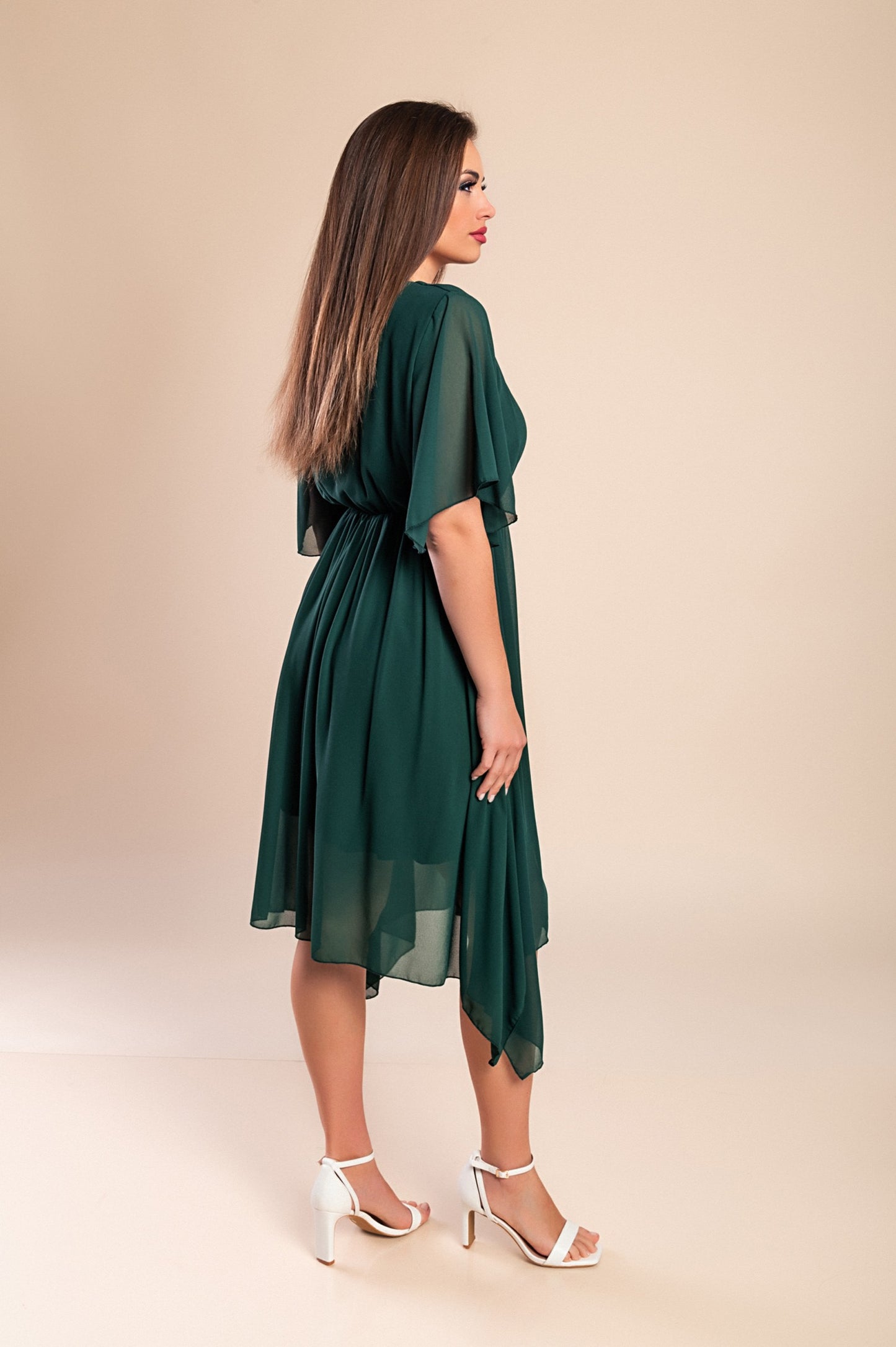 Abito midi lungo asimmetrico, verde scuro