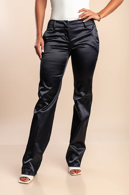Pantaloni eleganti in finto raso, blu scuro