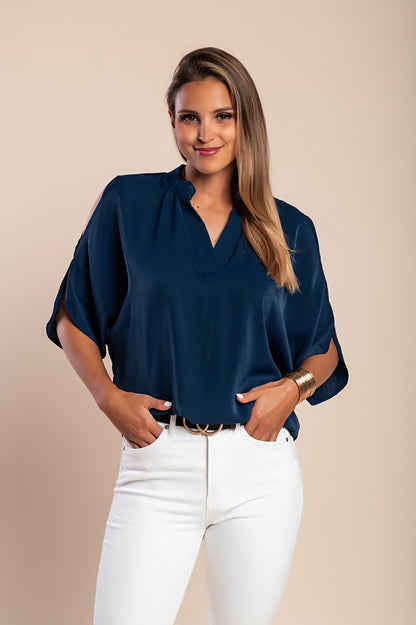 Blusa elegante ampia con scollo a "V", colore rosa chiaro