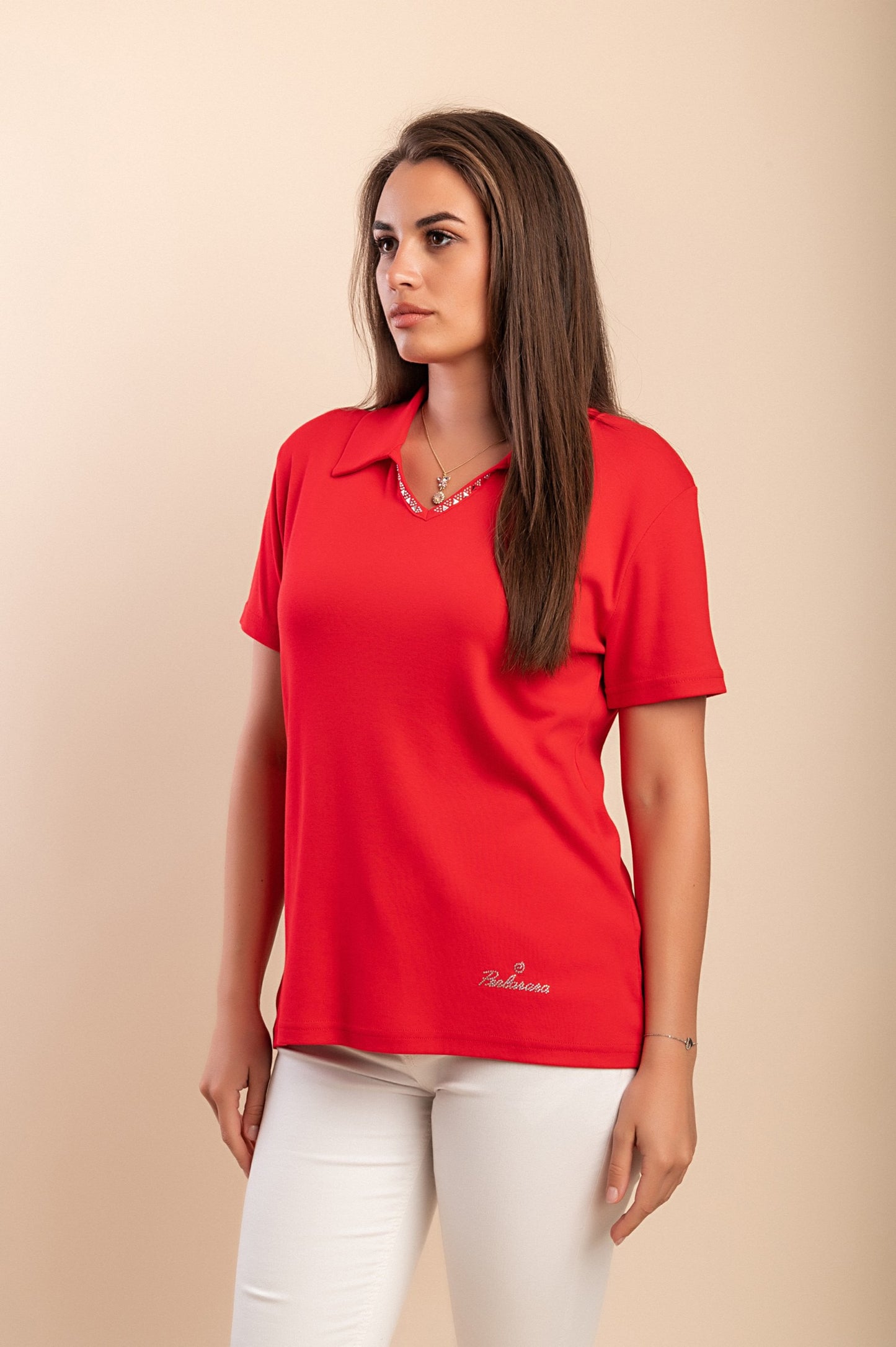 Maglietta in cotone con colletto, rossa