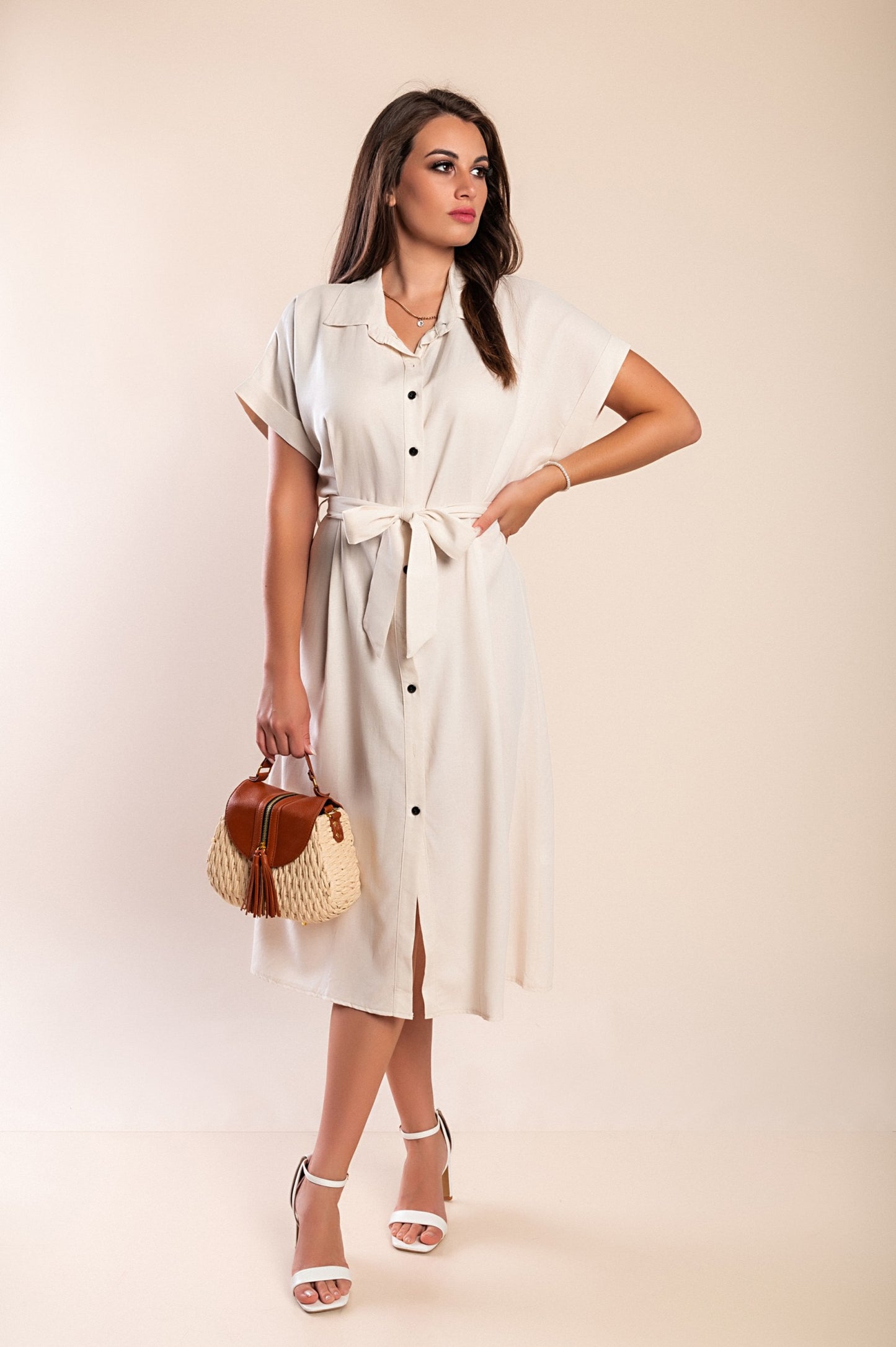 Abito midi in lino con bottoni, beige