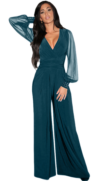 JUMPSUIT ELEGANTE CON SCOLLO A "V" E MANICHE TRASPARENTI CON RIVETTI GEORGINA, NERO