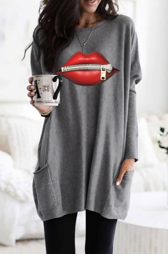 TUNICA A MANICHE LUNGHE, STAMPO ALLA MODA E TASCHE SIONA, GRIGIO