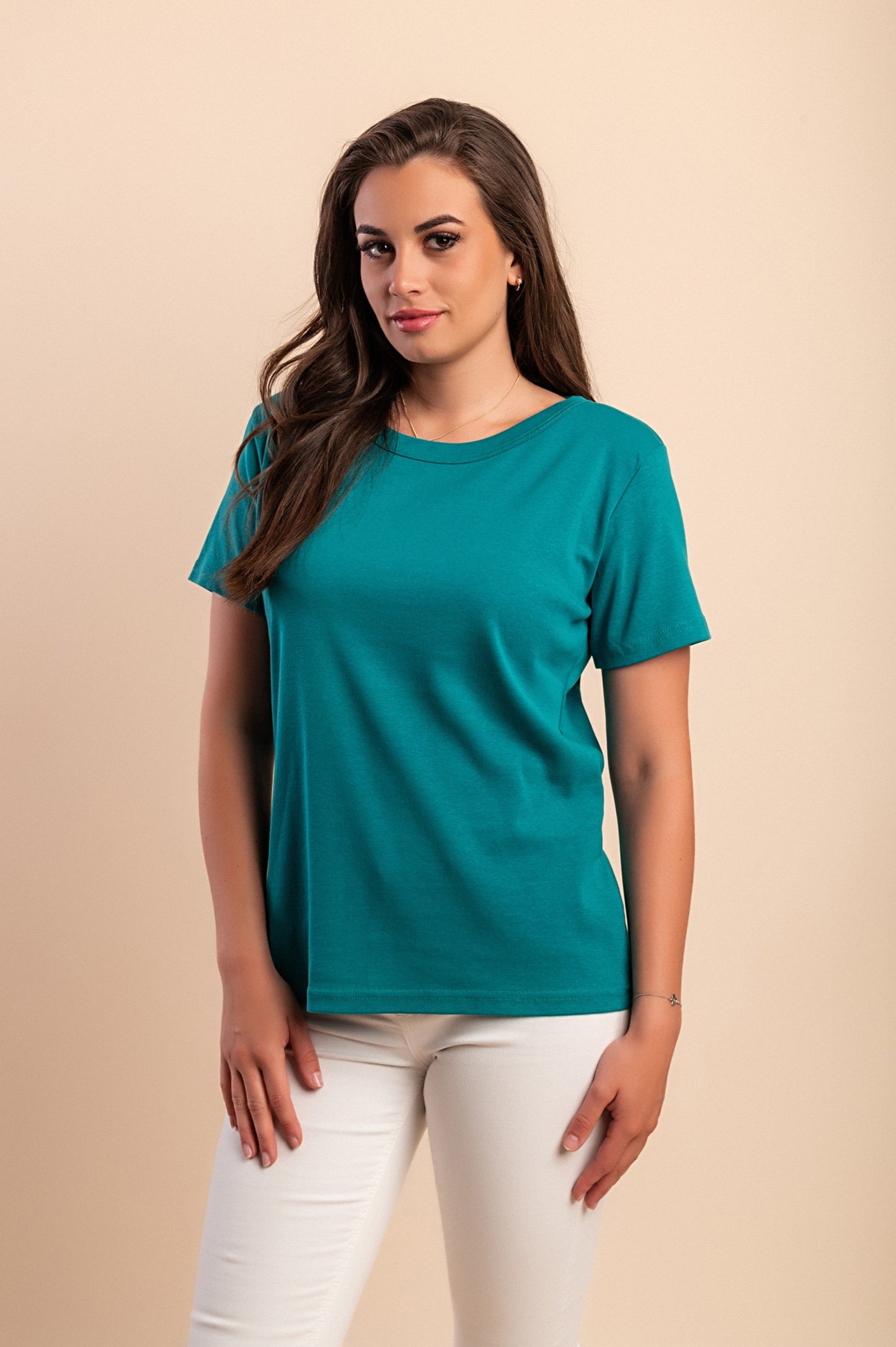 T-shirt in cotone con scollo rotondo, turchese
