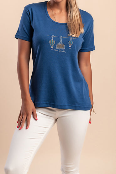 T-shirt in cotone con stampa, turchese