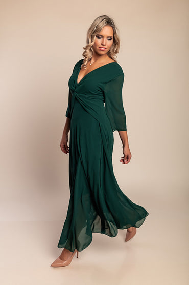 Abito lungo con scollo a V, verde scuro