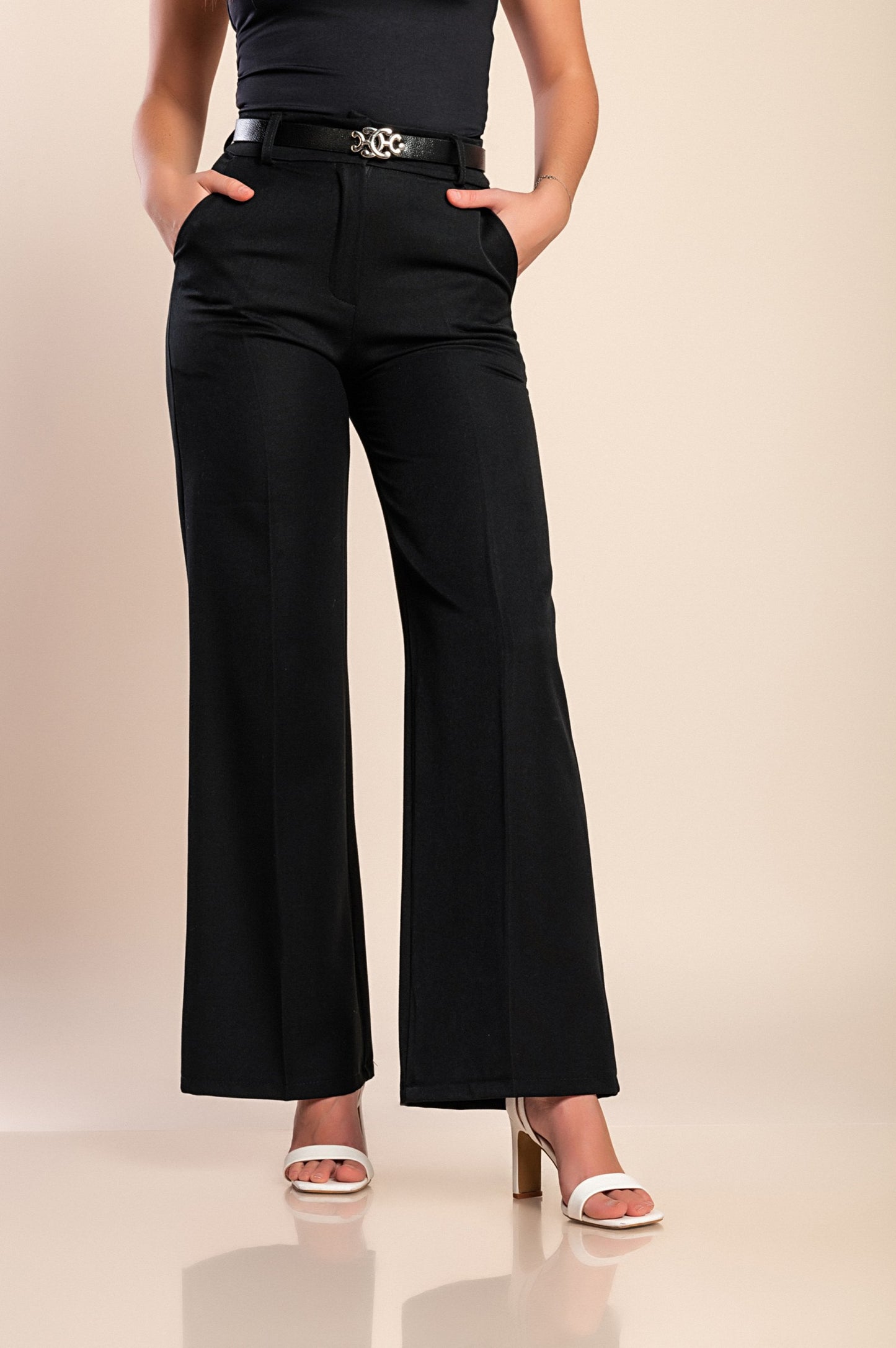 Pantaloni lunghi eleganti con cintura, neri