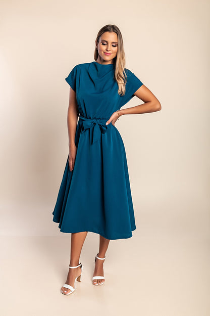 Abito midi con cintura, colore petrolio