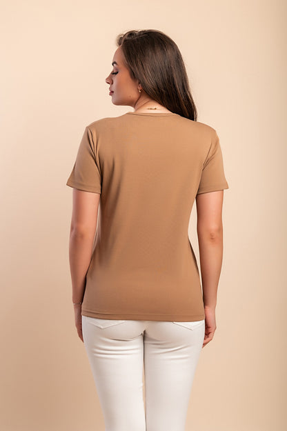 T-shirt in cotone con stampa, cammello