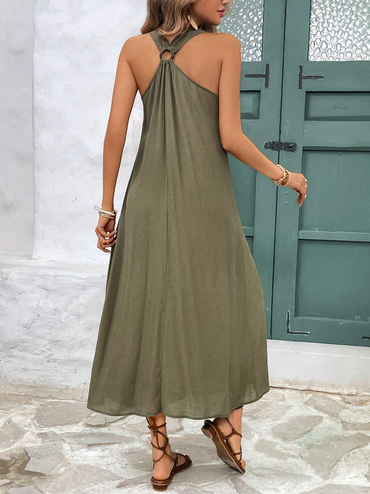 Maxi abito in lino, oliva